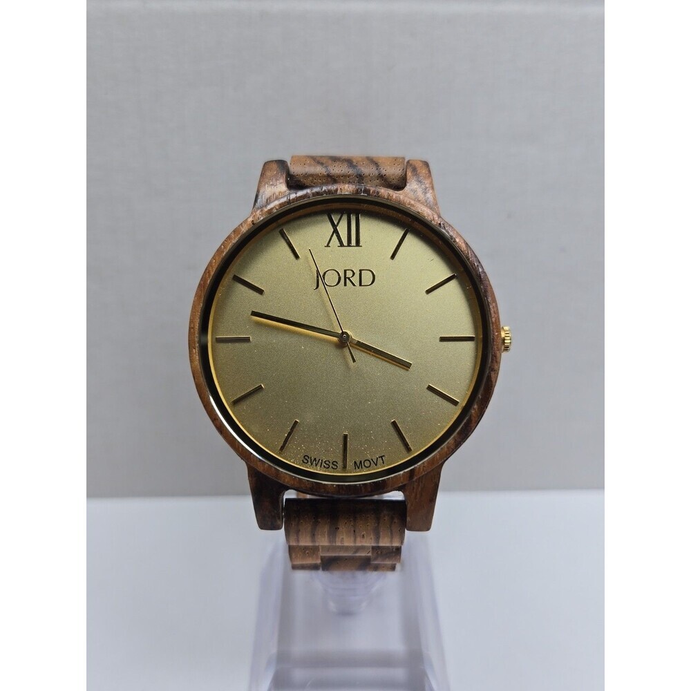 Mens Jord Frankie 45mm Zebrawood Champagne Swiss Quartz Watch New Battery